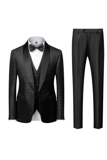 svart sjal lapel jacquard 3 stykker menns dresser